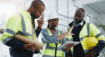construction workers discussing project plans at a busy worksite